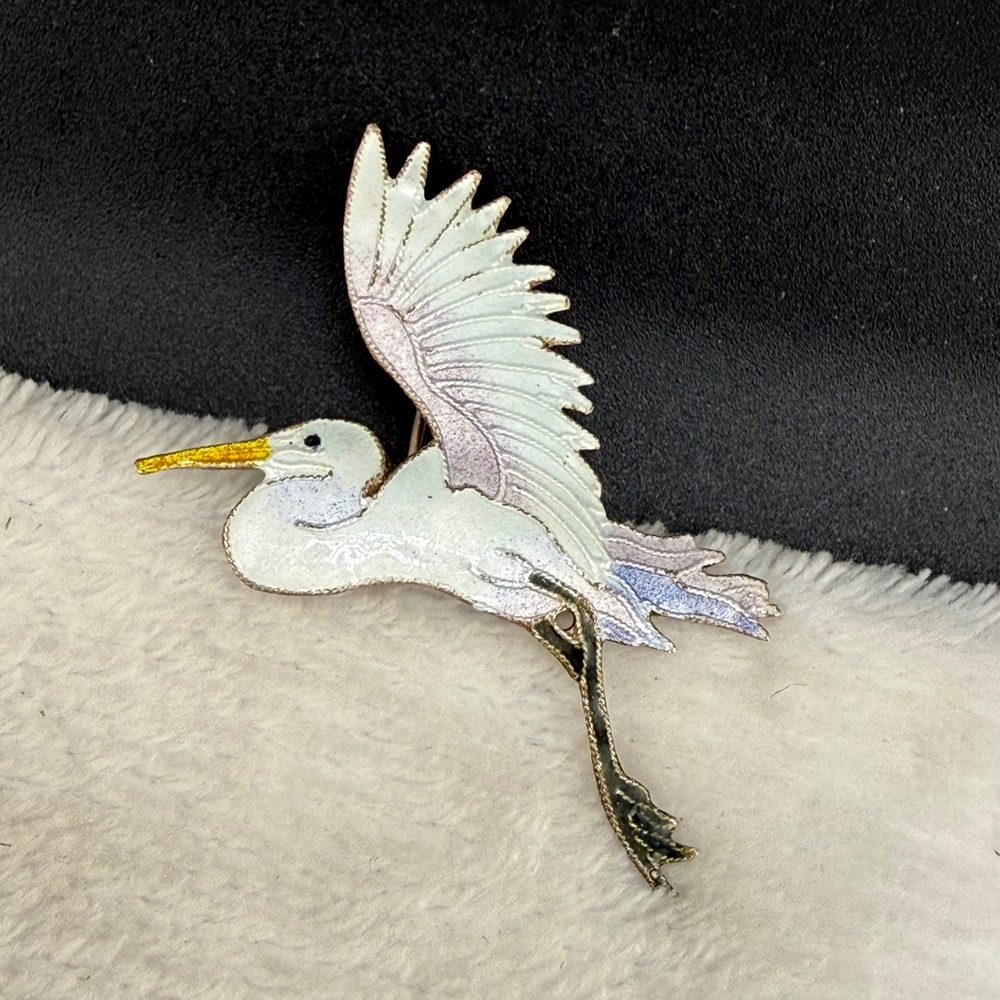 Vintage Zarah Brooch White Blue Enamel Sterling Silver Heron Bird Pin